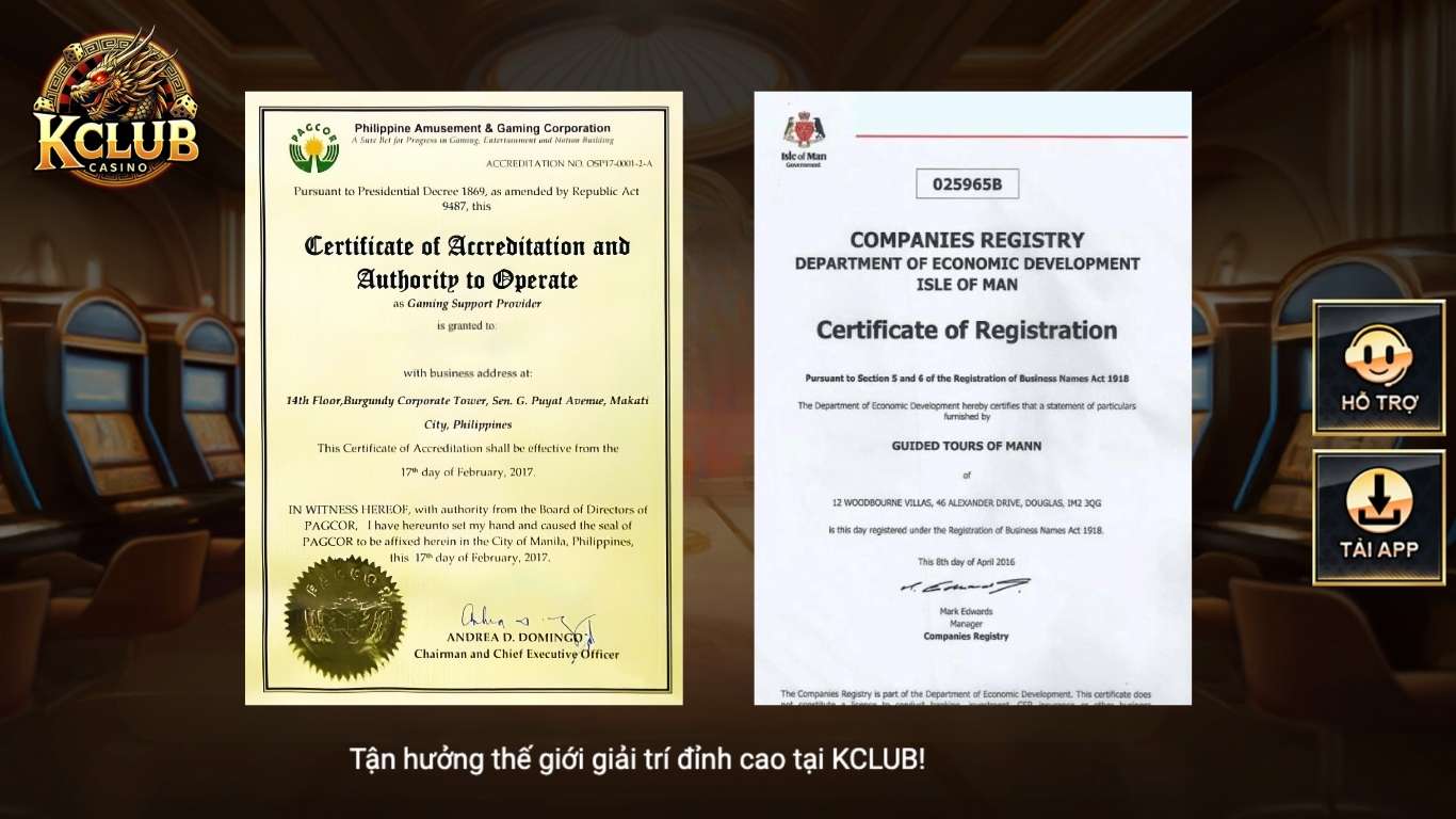 Danh sách các giấy phép hoạt động Kclub sở hữu